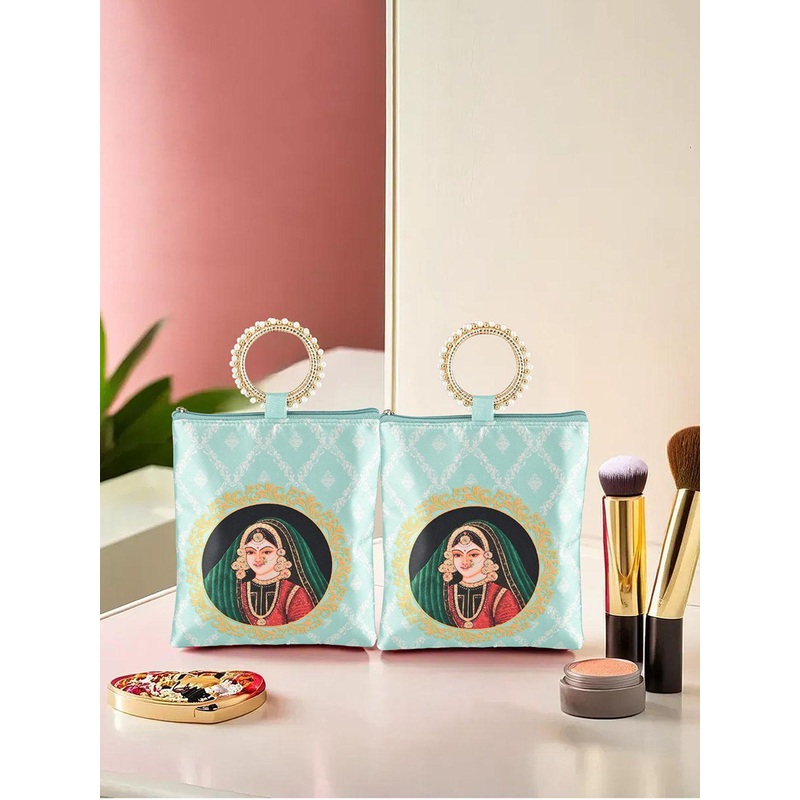 Kuber Industries 2 Pcs Silk Small Printed Structured Handheld Bag with Applique