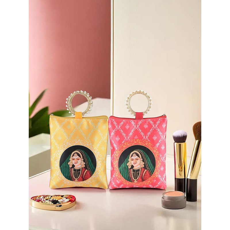 Kuber Industries 2 Pcs Silk Small Printed Structured Handheld Bag with Quilted