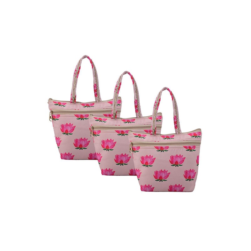 Kuber Industries Set Of 3 Lotus Printed Pure Silk Hand Bags