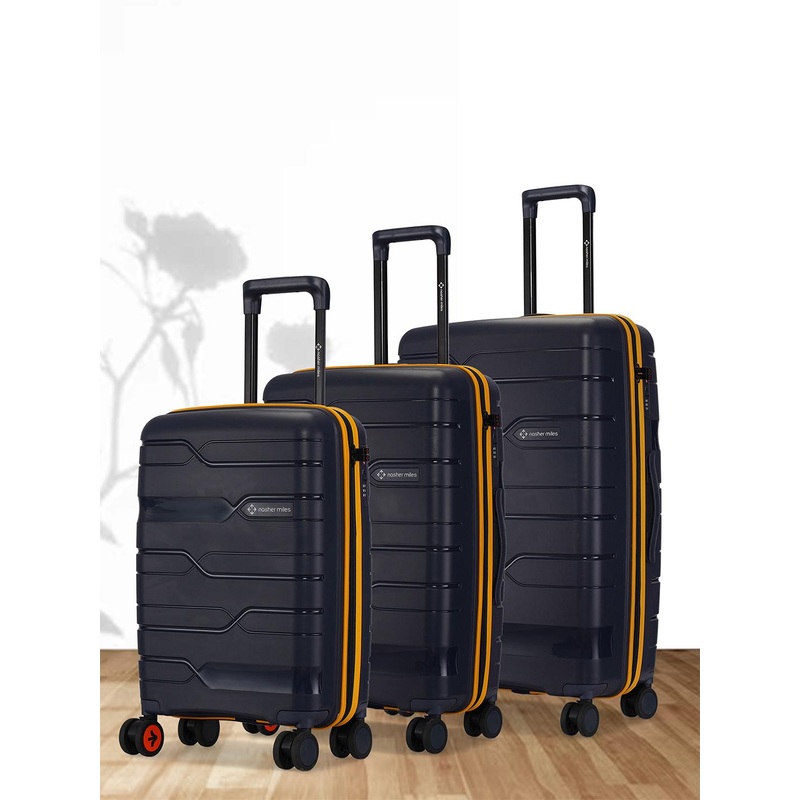Nasher Miles Cannes Polypropylene Set of 3 Navy Blue Yellow Trolley Bags (S-M-L)
