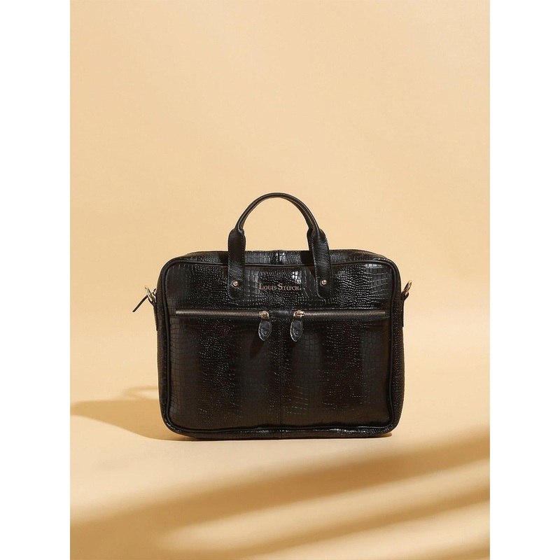 LOUIS STITCH Men Black Textured Leather Laptop Bag
