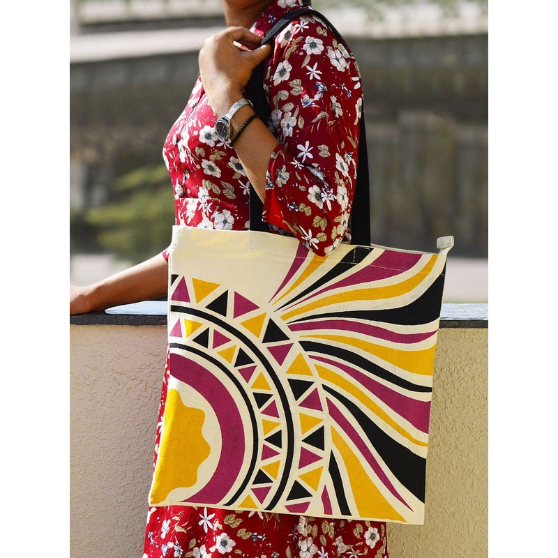 StyleMyWay Multicolor Geomeric Cotton Canvas Tote Bag