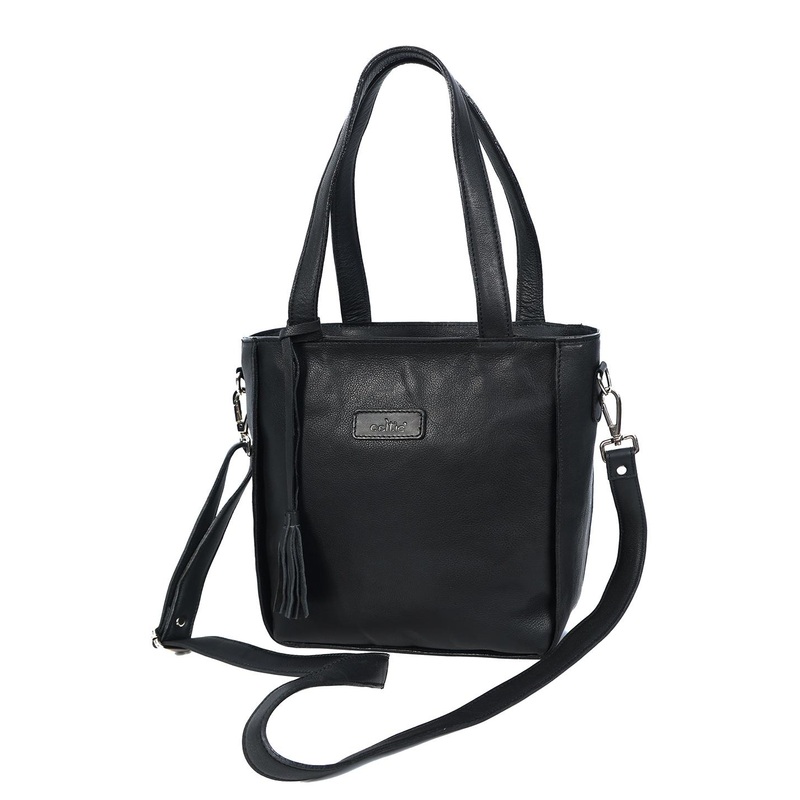 Celtic Structured Black Leather Satchel Bag with Detachable Sling Strap