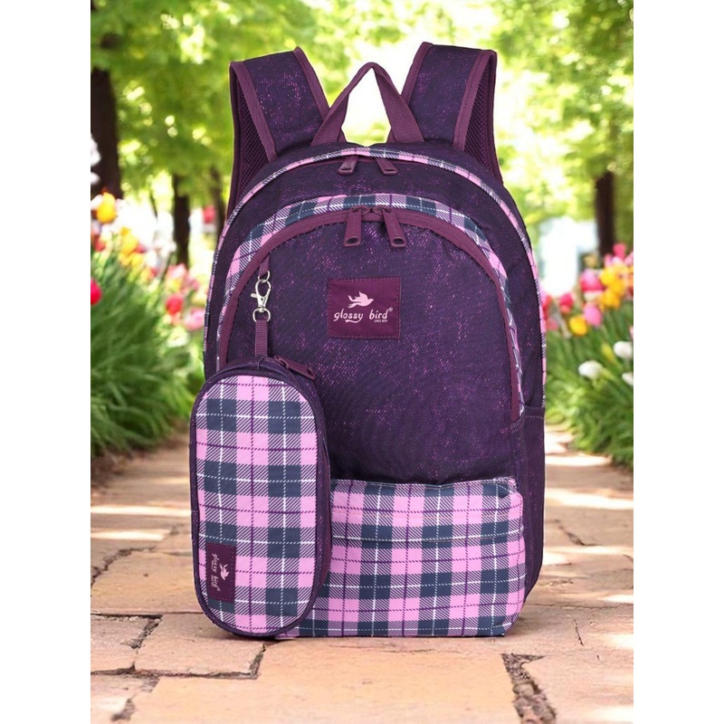 ECHOBOOMERS Unisex Check Water-Resistant Backpack with Pouch