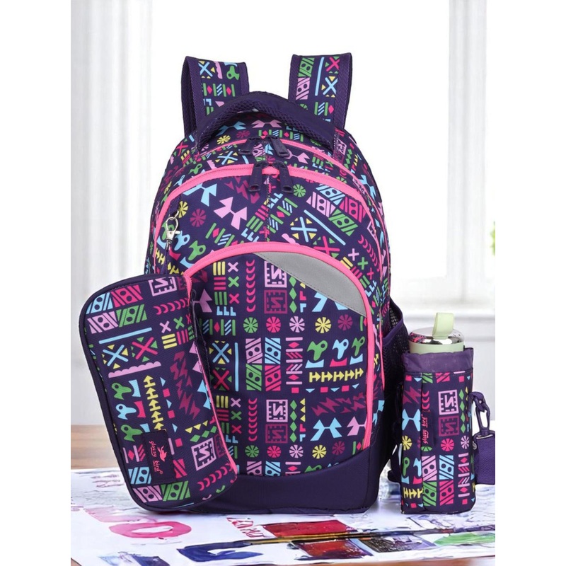 ECHOBOOMERS Unisex Geometric Printed  Backpack  with Pouch & Bottle Holder