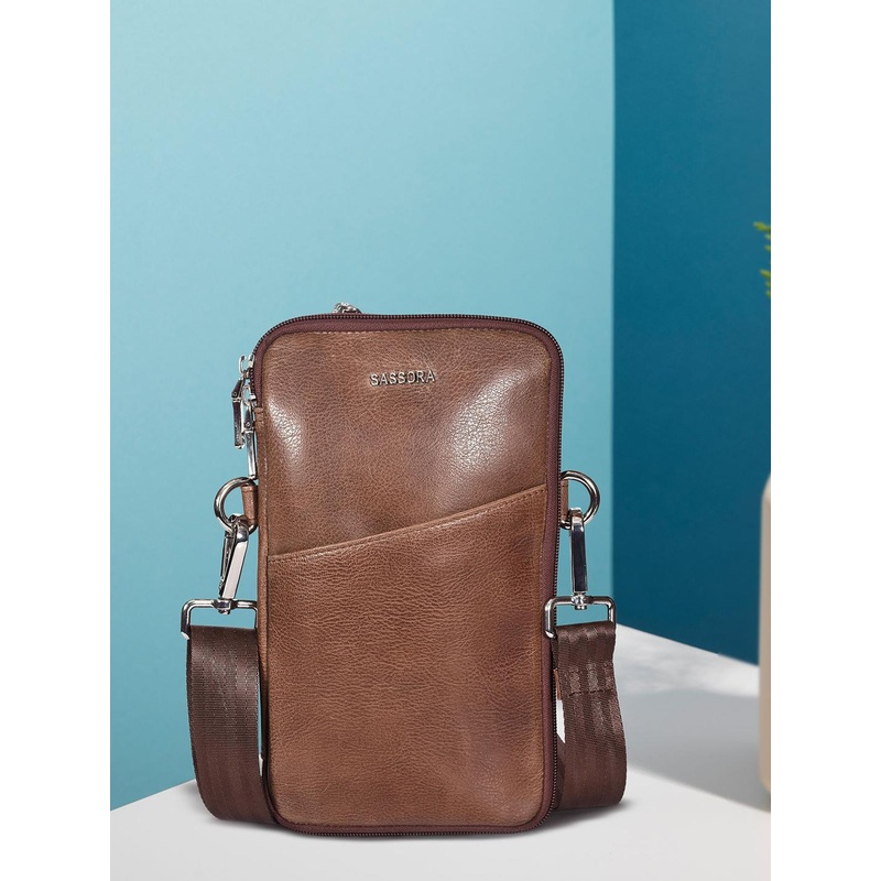 Sassora Solid Genuine Leather Sling Bag With Cut Work