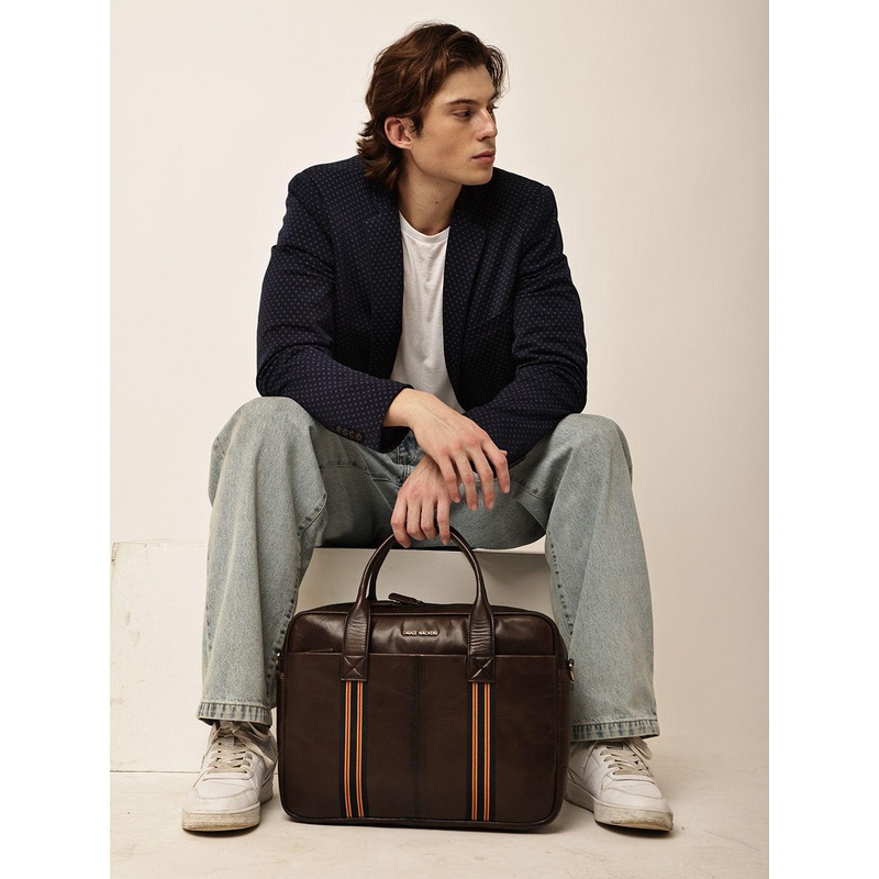 Gauge Machine Unisex Brown 16 inch Genuine Leather Laptop Bag with Adjustable Strap