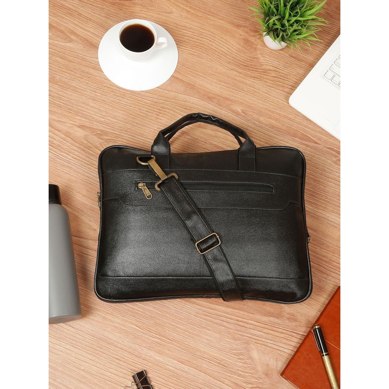 Kosher Unisex Black Faux Leather Slim Laptop Bag