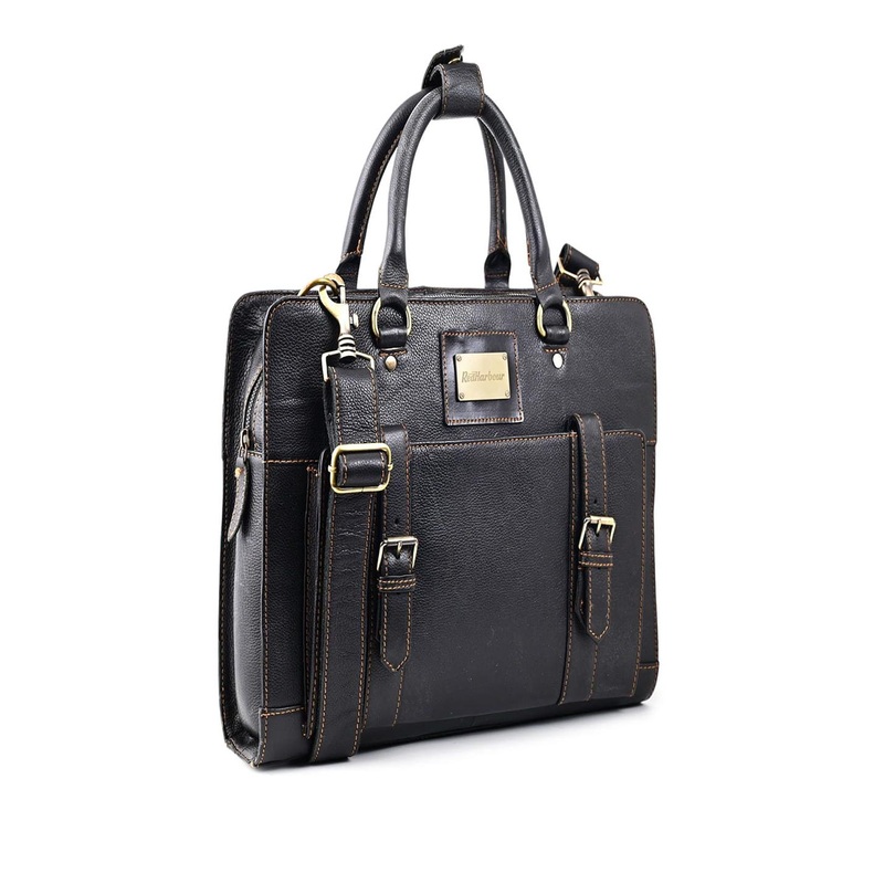 Red Harbour Men Textured Leather Zip Laptop Bag – 15.6 inch