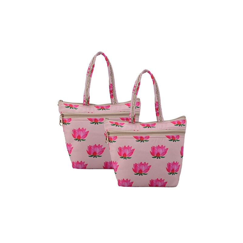 Kuber Industries 2 Pcs Lotus Printed Pure Silk Hand Bags