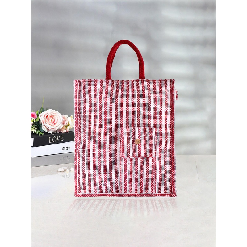 Kuber Industries Striped Oversized Jute Shopper Tote Bag