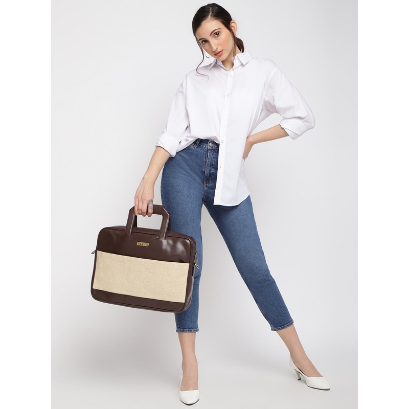 KLEIO Unisex Brown & Beige PU Laptop Bag