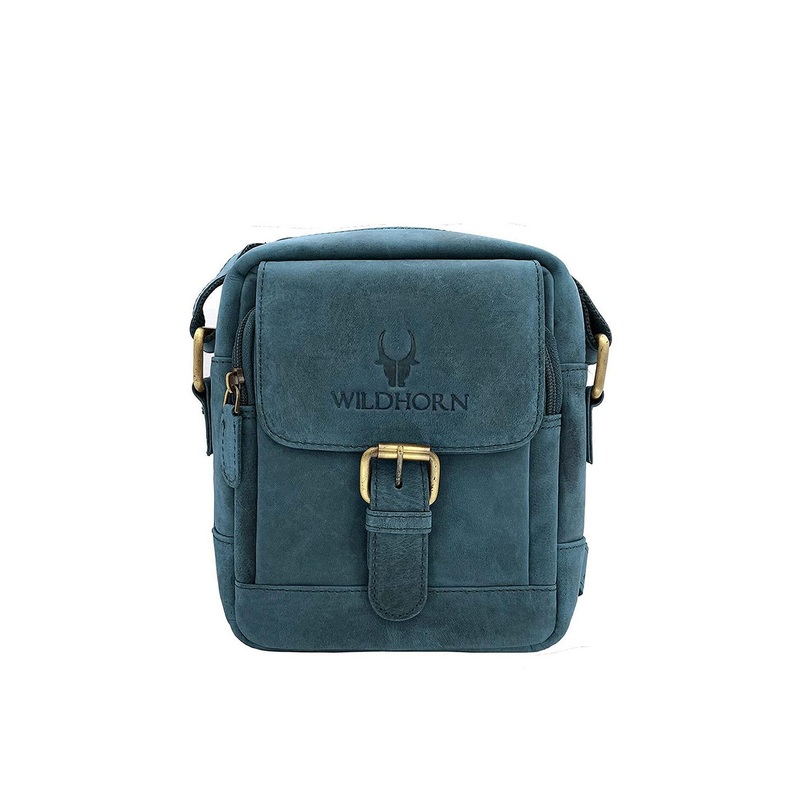 WildHorn Men Blue & Gold-Toned Textured Leather Messenger Bag