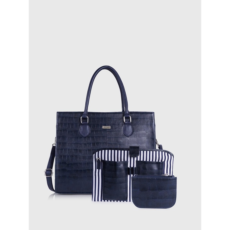 Veneer Textured Structured Tote Bag With Detachable Laptop Sleeve And Wallet