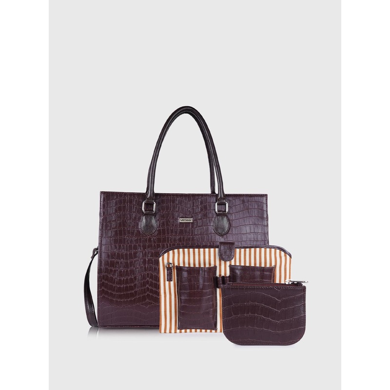 Veneer Textured Structured Tote Bag with Detachable Laptop Sleeve & Wallet