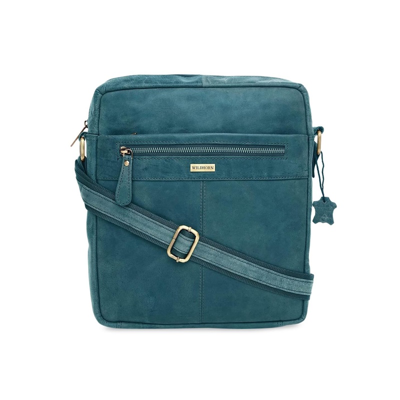 WildHorn Blue Leather Oversized Structured Sling Bag