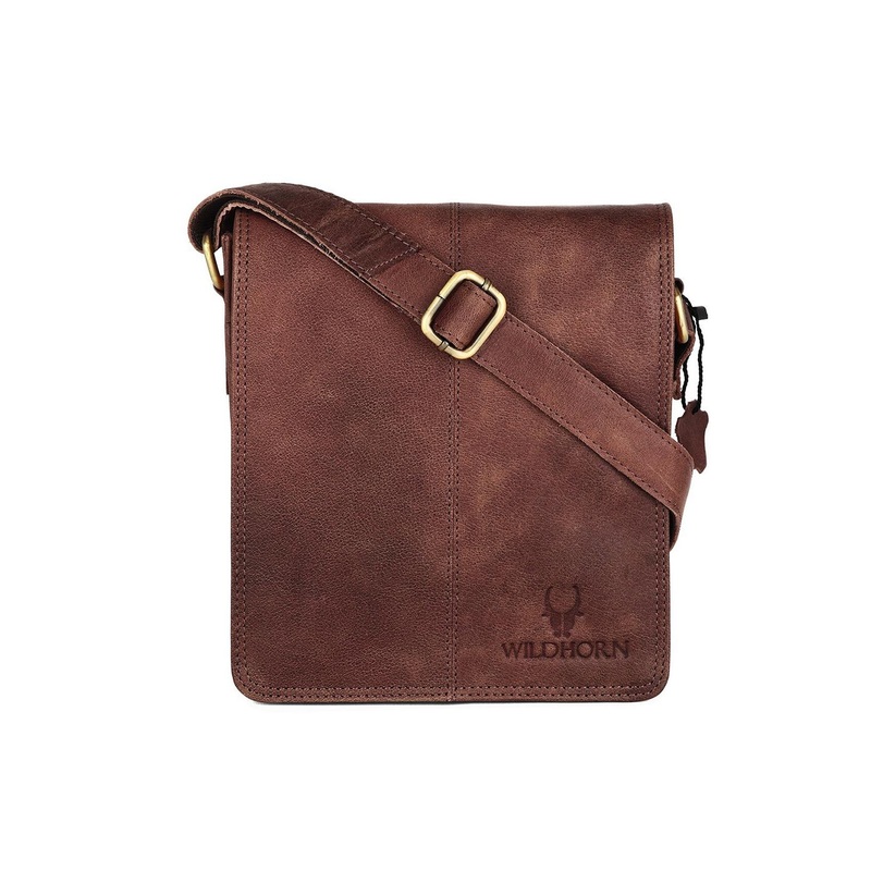 WildHorn Men Brown & Gold-Toned Leather Messenger Bag
