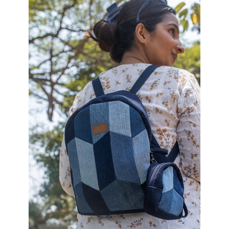 DWIJ Unisex Upcycled Denim Patched Mini Backpack with Pouch