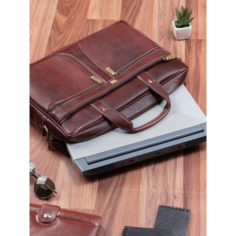 BRAND LEATHER Men Two Handles Leather Laptop Bag