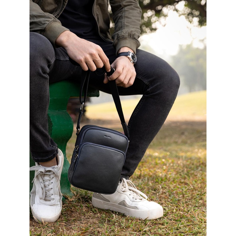 MAI SOLI Men Navy Genuine Leather Hiker Crossbody Bag