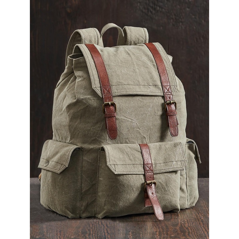 Mona B Unisex Green & Brown Cotton Canvas 14 Inch Laptop Backpack