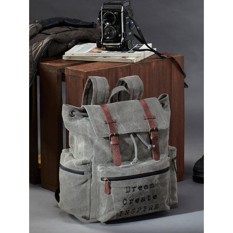 Mona B Unisex Grey & Brown Printed Upcycled Canvas Backpack