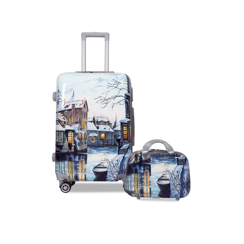 Polo Class Blue & White Printed Trolley Bag & Vanity Bag Set