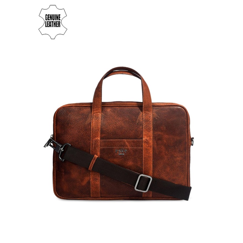 eske Men Brown Textured 13 inch Laptop Compartment Multiple Slots Slim Leather Laptop Bag