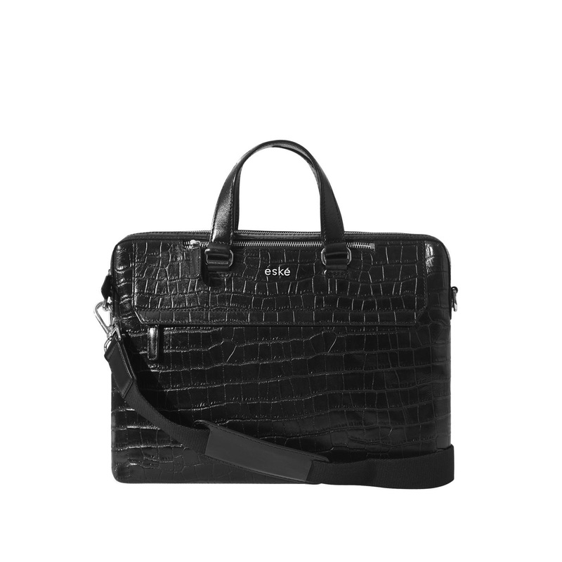 eske Men Black Textured Removable Strap Multiple Organizers 15 inch Leather Laptop Bag