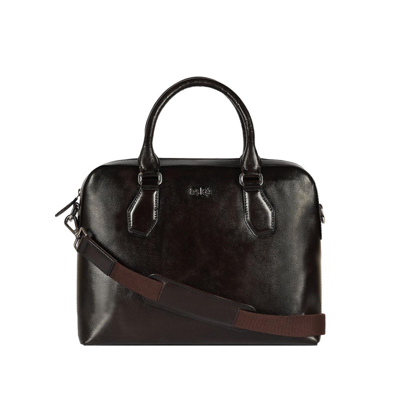 Eske Men Brown Textured Structured Design Organizers 15 inch Leather Laptop Briefcase