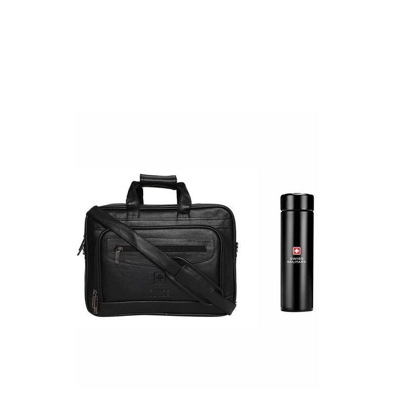 SWISS MILITARY Unisex Black PU Laptop Bag & Digital Vacuum Flask