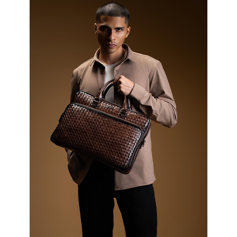 eske Men Tan Braided Multiple Organizers Woven 16 inch Leather Laptop Briefcase Bag