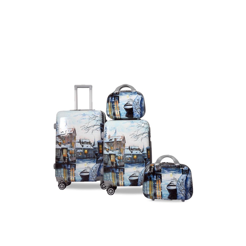 Polo Class Set Of 4 White & Blue Printed Trolley & Vanity Bags