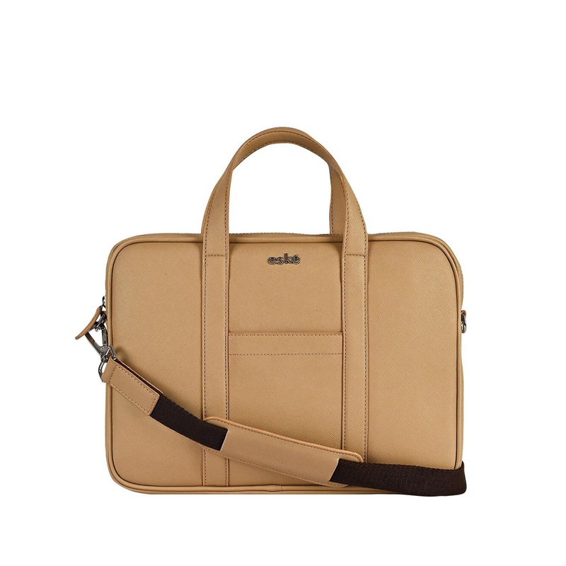 eske Men Beige Solid 13 inch Laptop Compartment Multiple Slots Slim Leather Laptop Bag