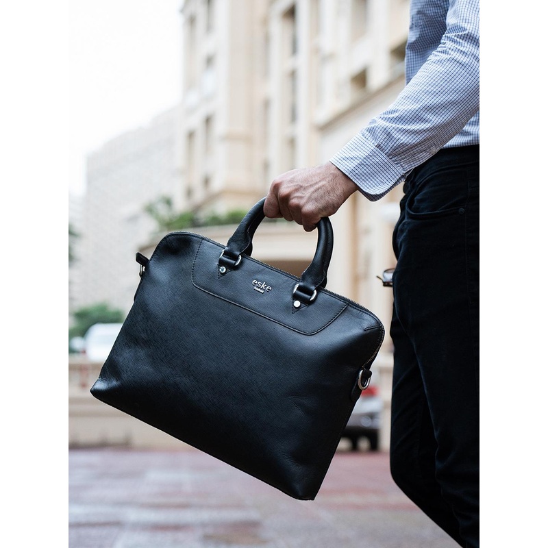 eske Men Black Solid 14 inch Laptop Compartment Trolley Strap Leather Office Laptop Bag