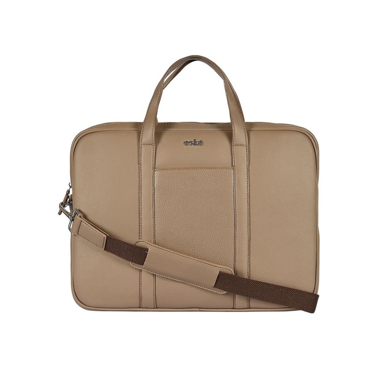 eske Men Black Textured Dual Compartments Trolley Strap 15 inch Leather Laptop Bag