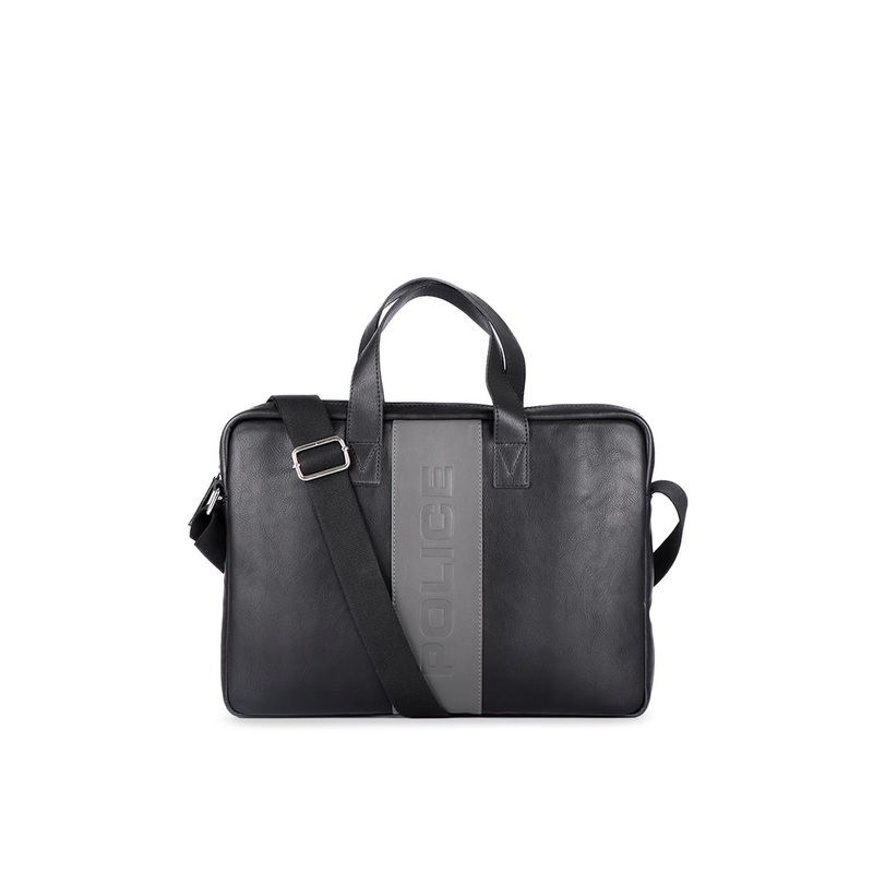 Police Men Black & Grey Iconic Colourblocked Leather Laptop Bag