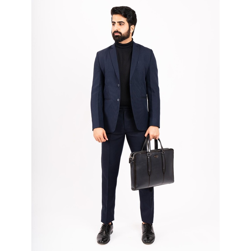 eske Men Navy Textured Dual Compartment Trolley Strap 15 inch Leather Laptop Briefcase