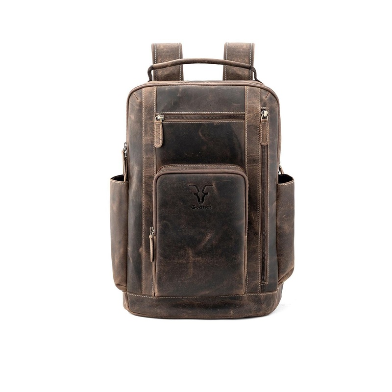 Goatter Men Laptop Leather Backpack With Compression Straps