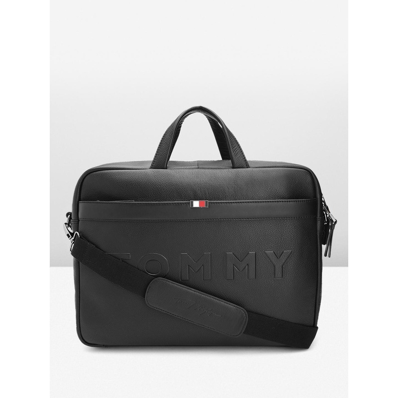 Tommy Hilfiger Men Black Leather Laptop Bag