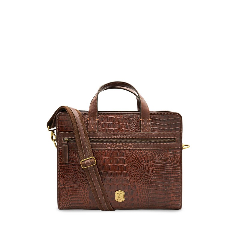 Hidesign Textured Leather Structured Briefcase \u002F Shoulder Bag with Applique