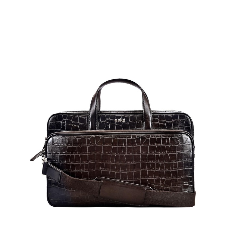 Eske Men Coffee Brown Crocodile Skin Textured Leather Laptop Bag