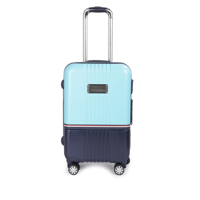 Tommy Hilfiger Unisex Blue Colourblock Hard 4 Wheels 360-Degree Rotation Cabin Trolley Bag