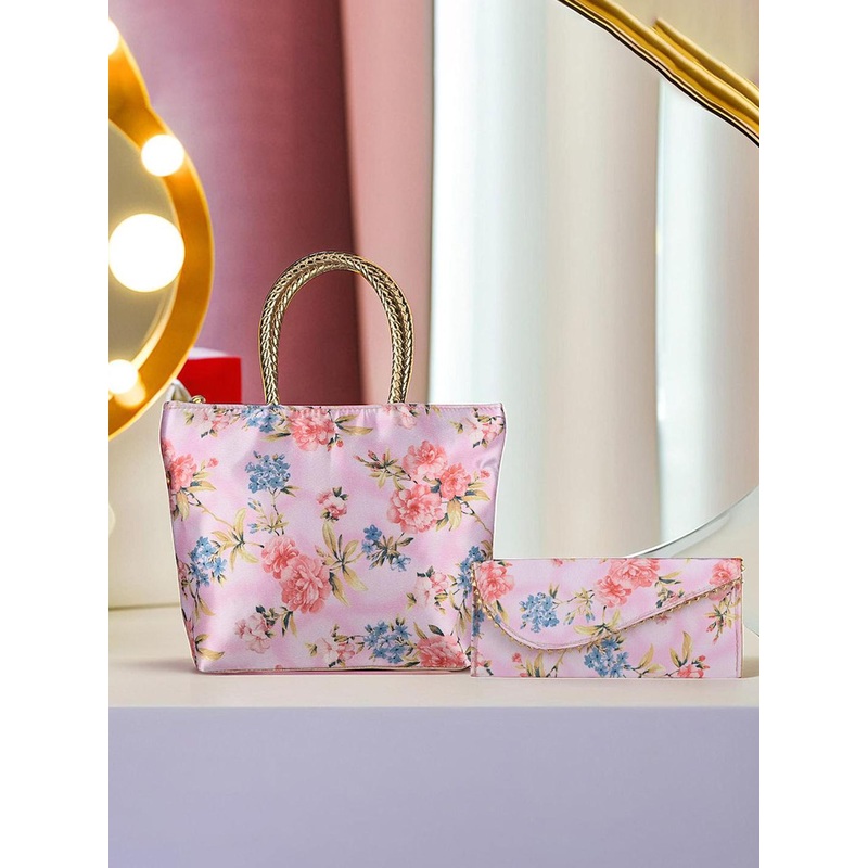 Kuber Industries 2 Pcs Silky Women Handbag & Purse Set Flower Pink Shoulder Bag