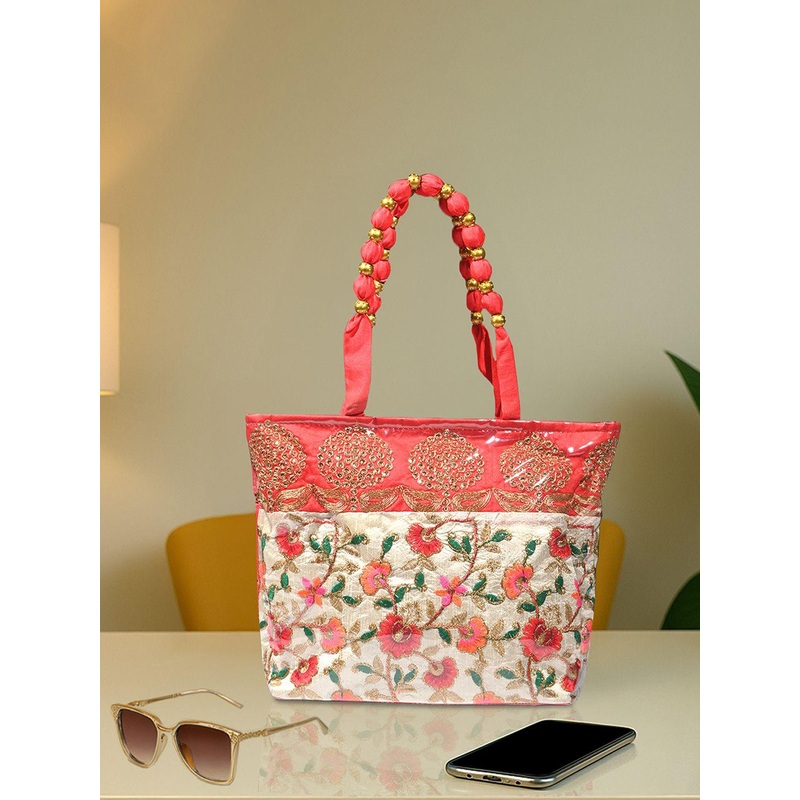 Kuber Industries Floral Embroidered Laminated Shopper Shoulder Bag