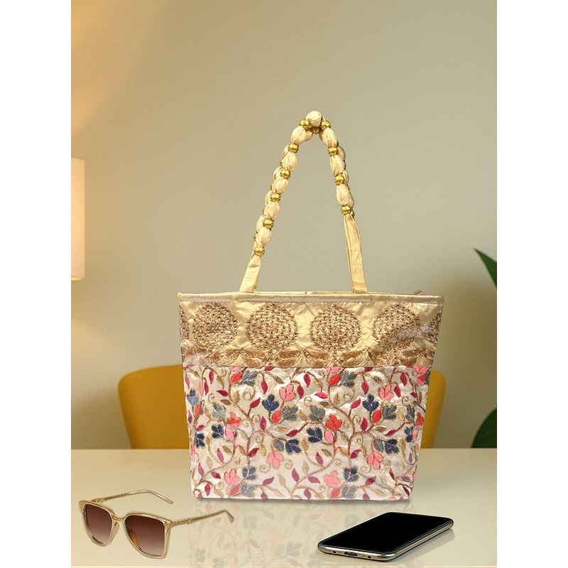 Kuber Industries Floral Embroidered Shopper Shoulder Bag