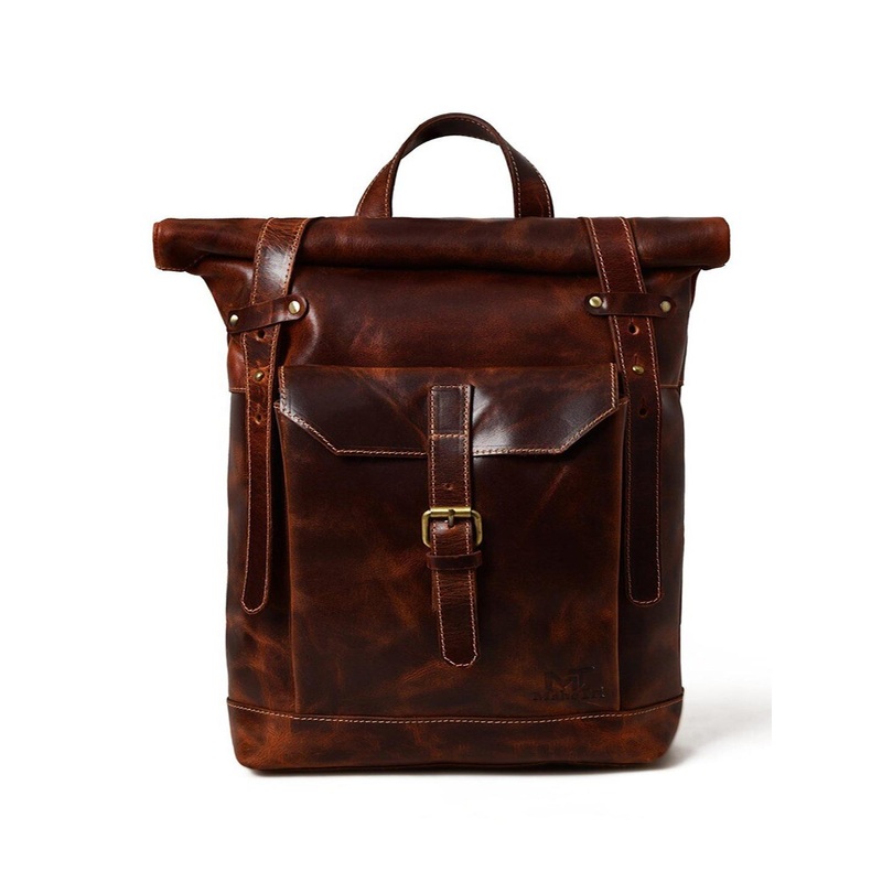 MaheTri Brown Saddleback Backpack- Roll Top