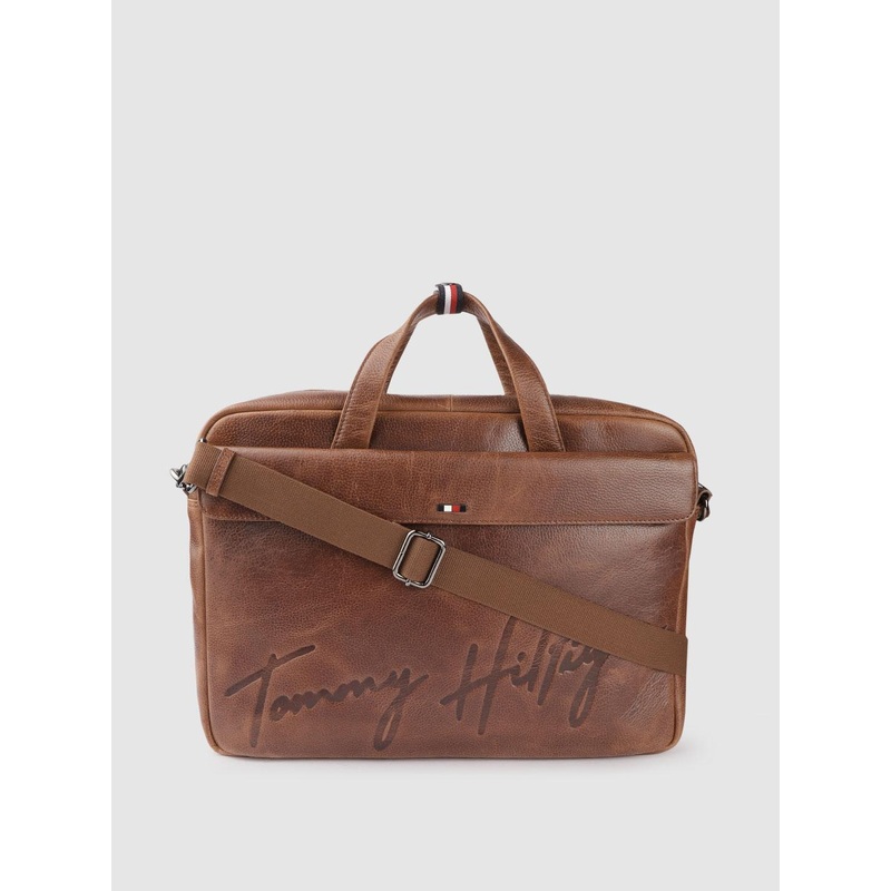 Tommy Hilfiger Men Tan Textured Brand Logo Laptop Bag