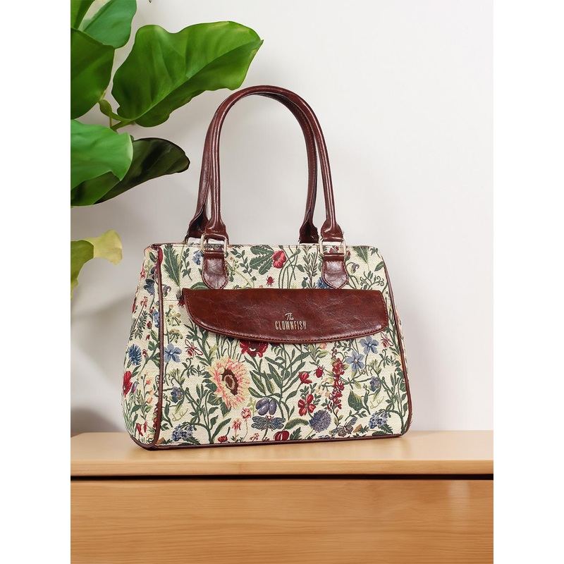 THE CLOWNFISH Prudence Brown Floral Printed Structured Shoulder Bag