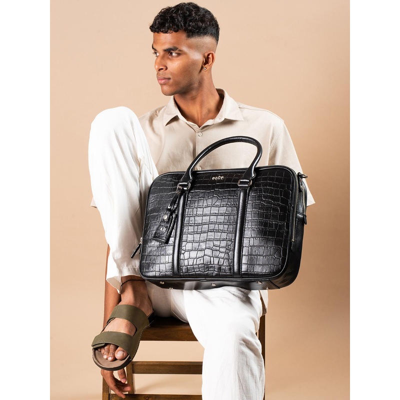 eske Men Black Embossed 15 inch Laptop Compartment Trolley Strap Leather Laptop Bag